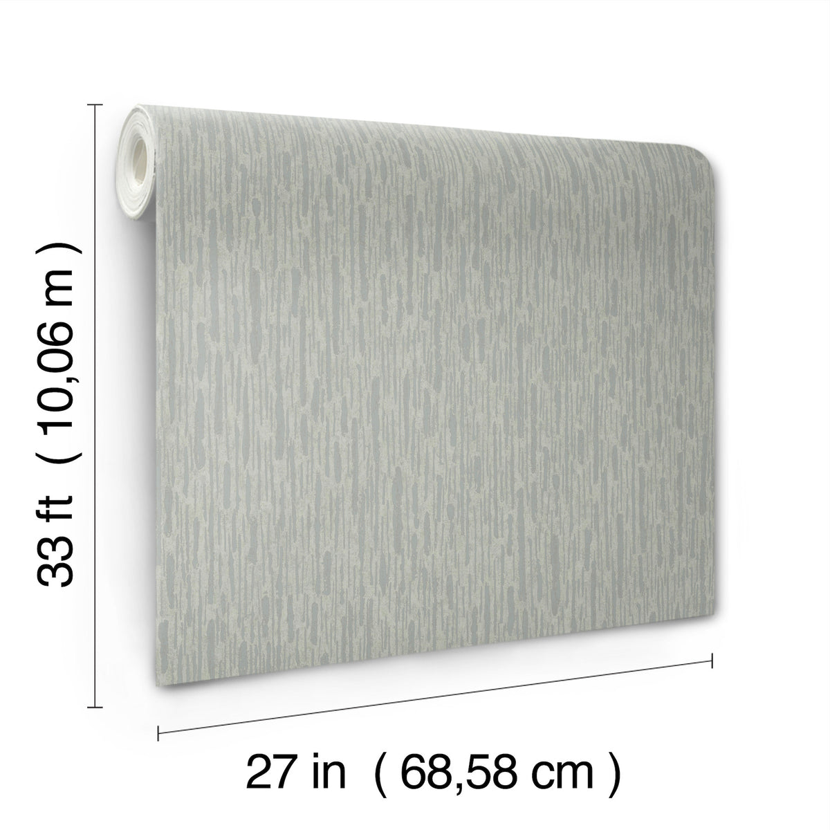 The image features a roll of York Wallcoverings’ Metallic Cascade Wallpaper, displayed upright with a subtle gray pattern. Text on the image notes its dimensions: 33 feet (10.06 m) in length and 27 inches (68.58 cm) in width.