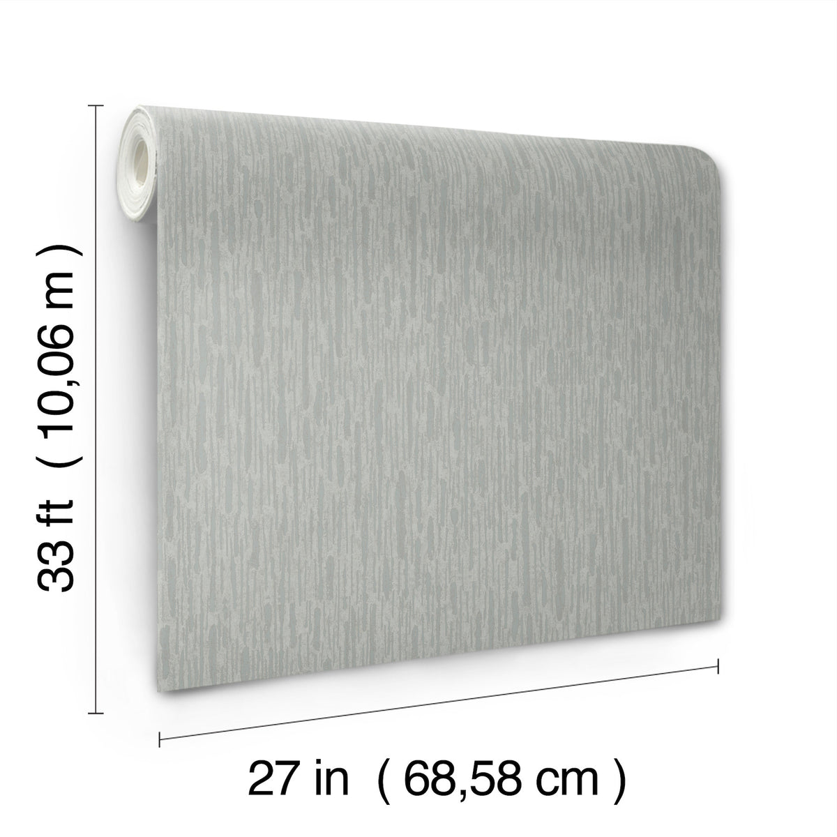 The Metallic Cascade Wallpaper by York Wallcoverings features a subtle textured pattern in light gray and comes in a roll measuring 33 feet (10.06 m) long and 27 inches (68.58 cm) wide.