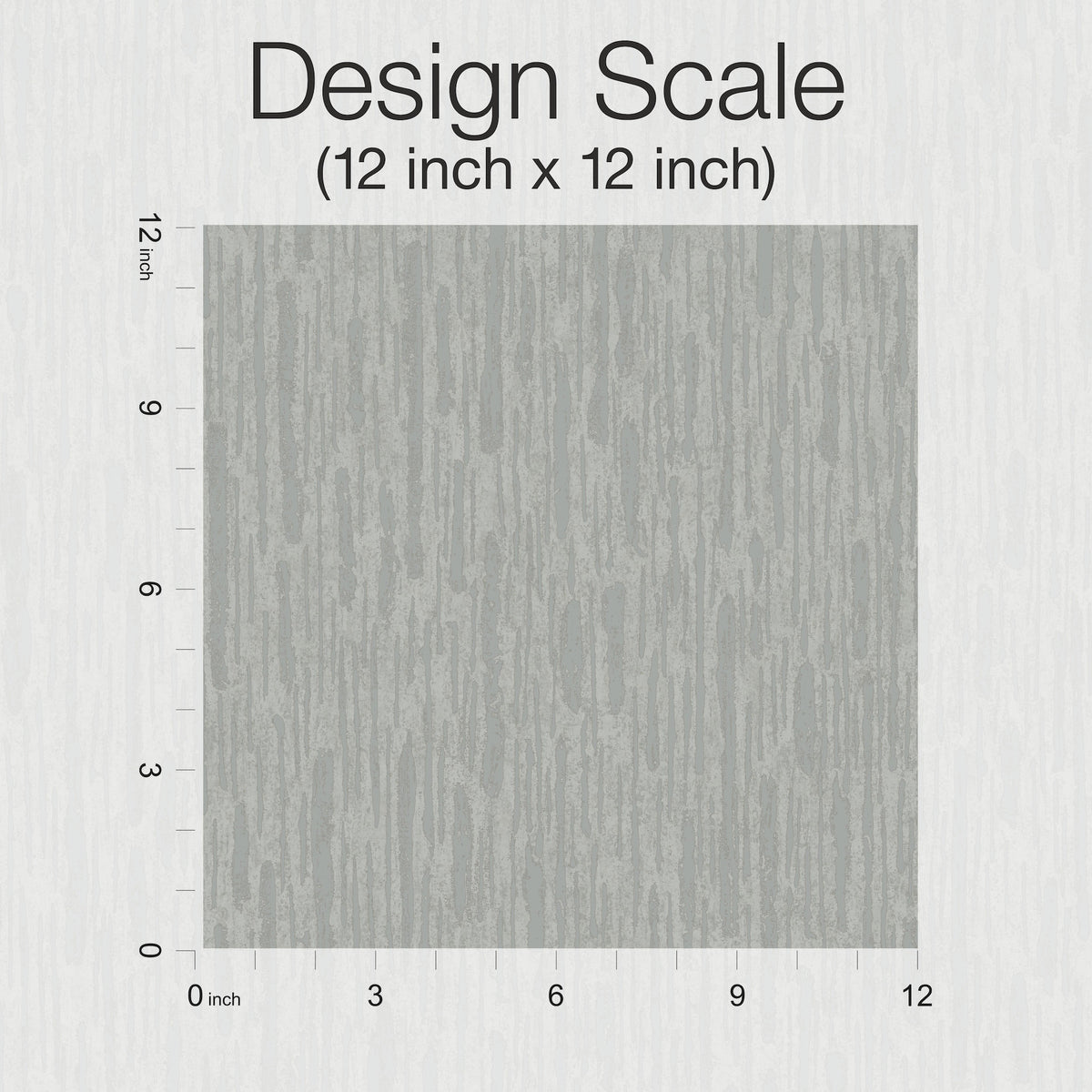 A 12 inch by 12 inch square featuring the Metallic Cascade Wallpaper by York Wallcoverings, with its textured gray pattern, is centered on a light background. Vertical and horizontal rulers mark inches along the left and bottom edges. Text above reads Design Scale (12 inch x 12 inch).