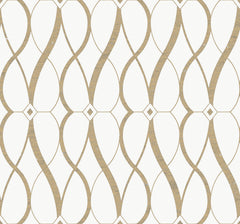 Experience the Graceful Geo Wallpaper by York Wallcoverings, featuring a seamless design of wavy tan lines with a textured finish. These lines interconnect to form elegant diamond and oval shapes on a crisp white background, creating a sophisticated, symmetrical pattern perfect for any space.