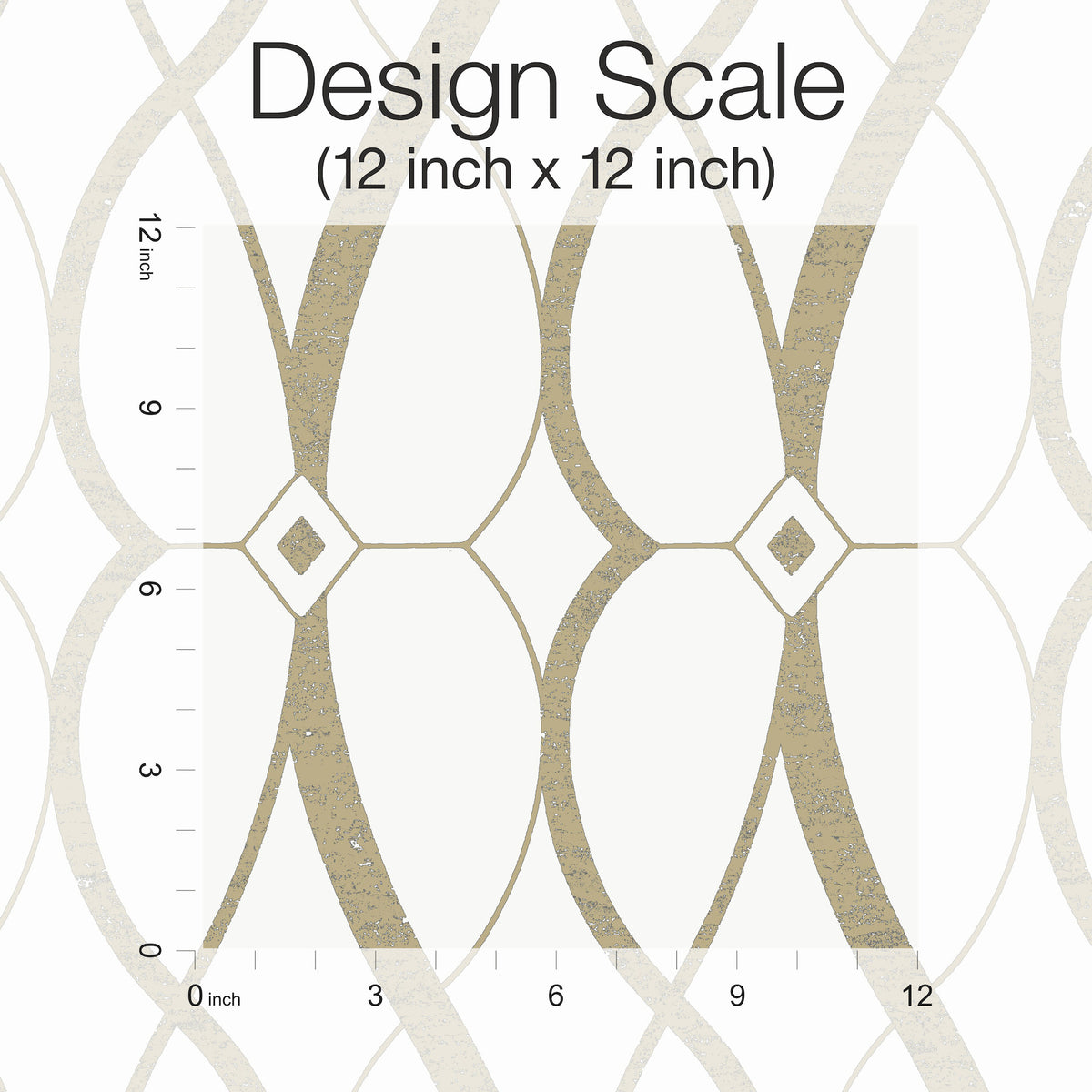 A 12x12 inch square sample of York Wallcoverings’ Graceful Geo Wallpaper, featuring a geometric pattern of interlocking ovals and diamond shapes in beige, taupe, and white, with a ruler scale along the left and bottom edges.