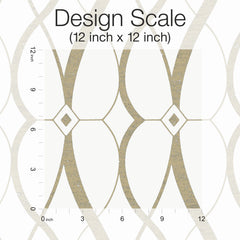 Graceful Geo Wallpaper by York Wallcoverings features a geometric pattern of interlocking ovals in beige and gold tones. A marked 12x12 inch square with rulers along the left and bottom edges displays the design scale, accompanied by text reading “Design Scale (12 inch x 12 inch)”.