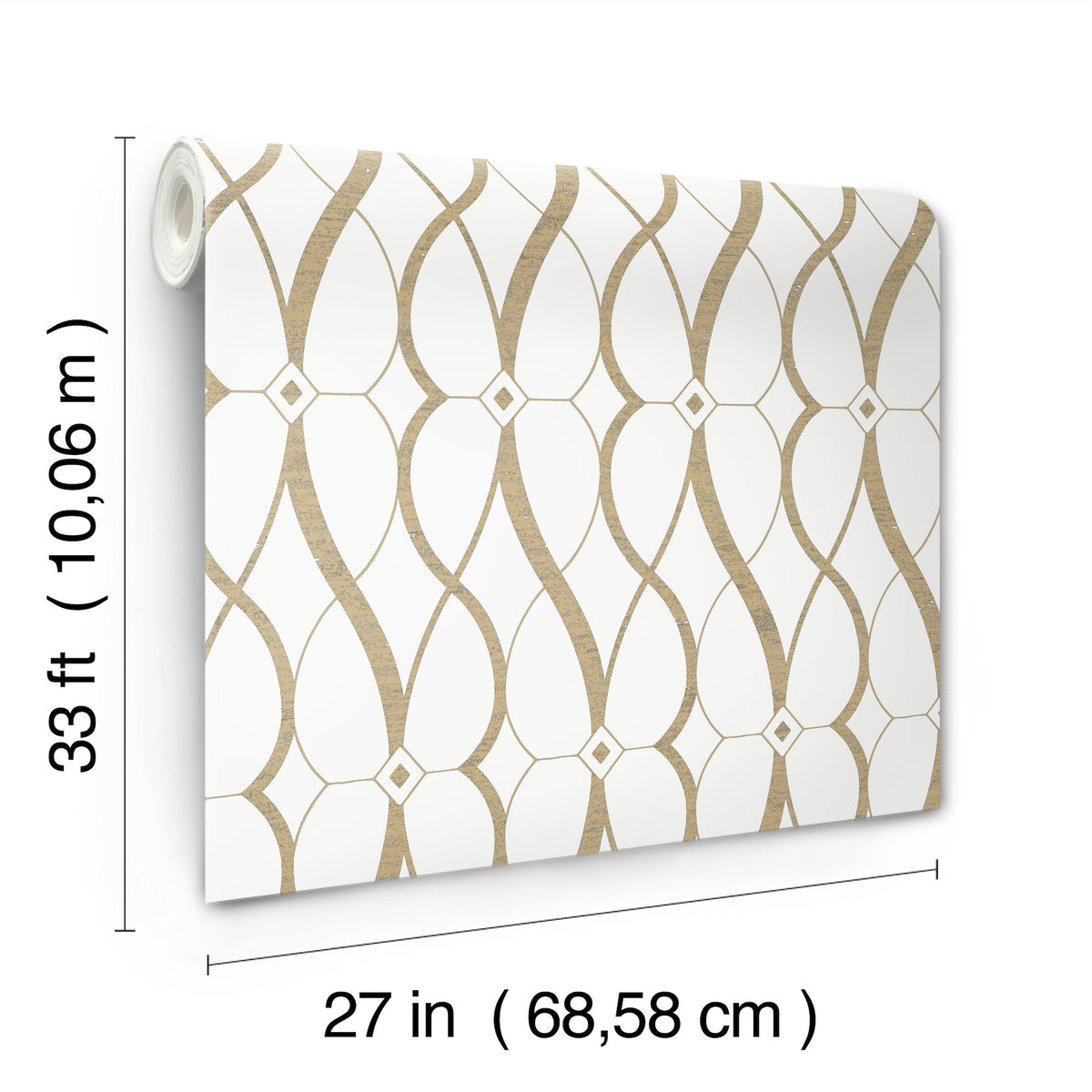 Graceful Geo Wallpaper by York Wallcoverings features a gold geometric pattern on a white background and comes in a roll measuring 33 ft (10.06 m) long and 27 in (68.58 cm) wide.