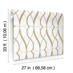 Graceful Geo Wallpaper by York Wallcoverings features a gold geometric pattern on a white background and comes in a roll measuring 33 ft (10.06 m) long and 27 in (68.58 cm) wide.