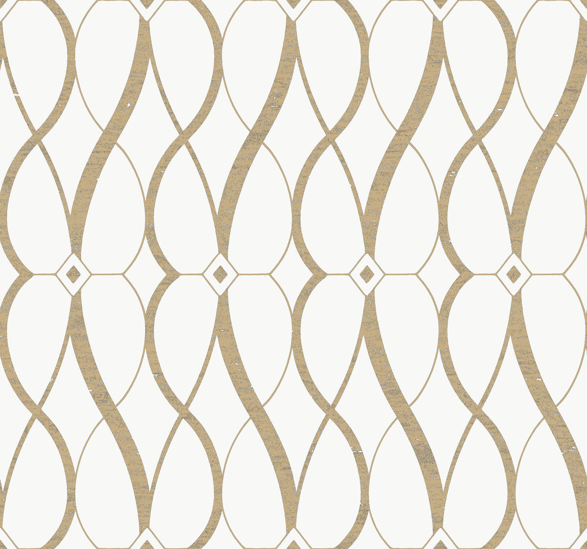 Graceful Geo Wallpaper by York Wallcoverings features a geometric pattern with interlocking tan and white shapes that create wavy, symmetrical vertical lines and diamond intersections on a crisp white background.