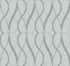 Graceful Geo Wallpaper by York Wallcoverings features a repeating, symmetrical design of interlocking gray curves and diamond shapes set against a light background.
