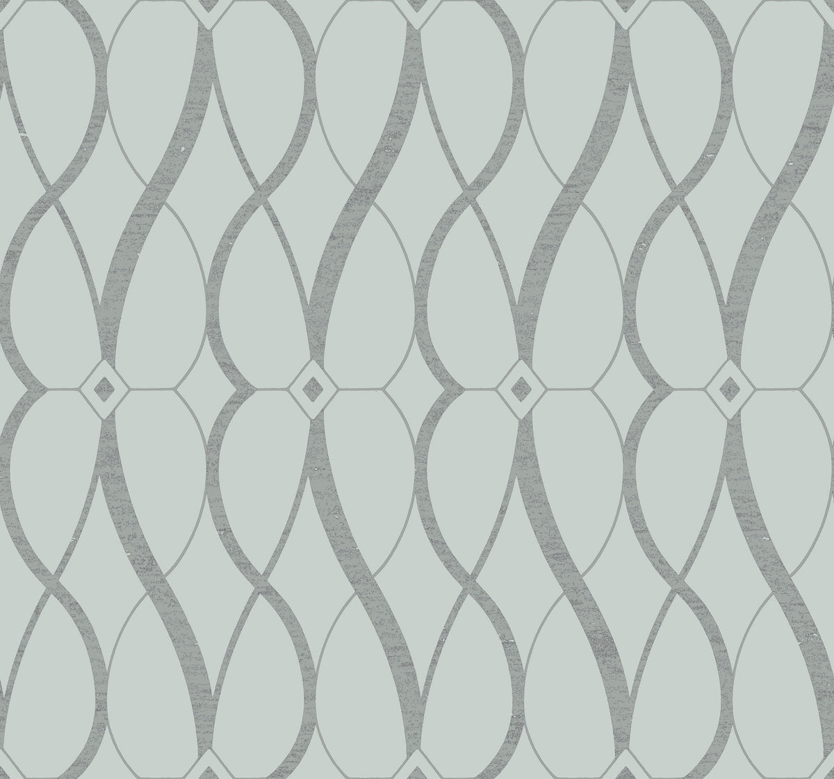 Graceful Geo Wallpaper by York Wallcoverings features a repeating, symmetrical design of interlocking gray curves and diamond shapes set against a light background.