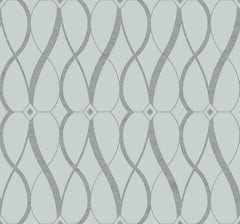 Graceful Geo Wallpaper by York Wallcoverings features a seamless geometric pattern of wavy gray lines forming interlocking ovals and diamond motifs on a light background.