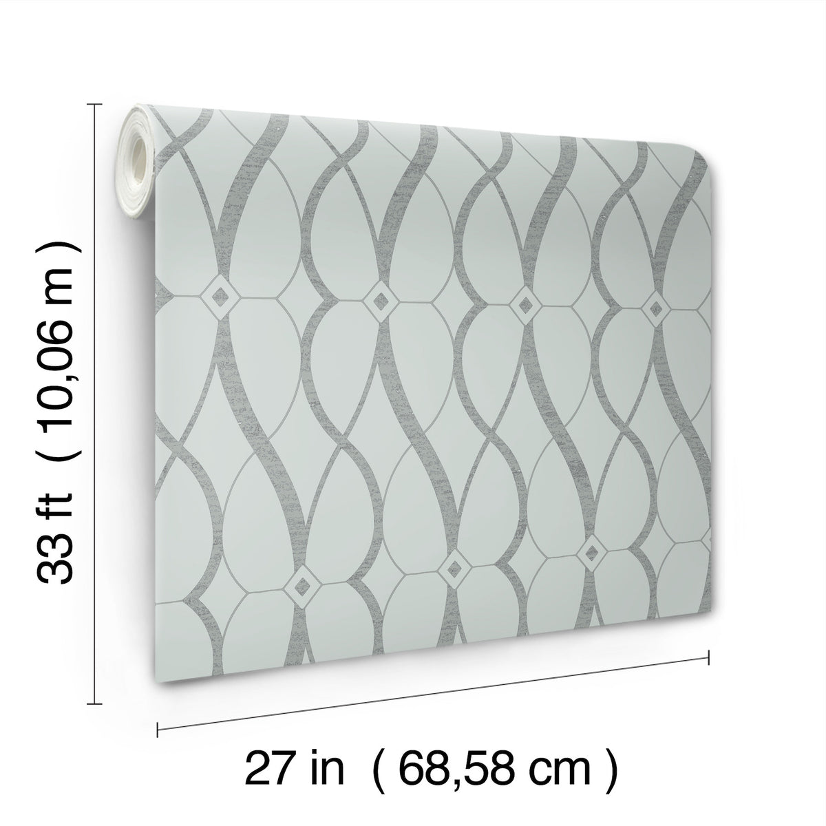 Graceful Geo Wallpaper by York Wallcoverings features a roll of patterned wallpaper with curved lines and diamond shapes, measuring 33 ft (10.06 m) in length and 27 in (68.58 cm) in width.