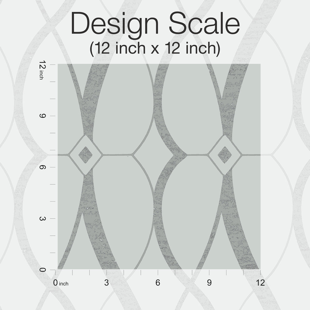 A 12x12 inch square displays the Graceful Geo Wallpaper from York Wallcoverings, featuring a gray geometric design with curved lines and diamonds, overlaid with a ruler along the top and left edges, labeled Design Scale (12 inch x 12 inch).