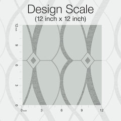 A 12x12 inch square displays the Graceful Geo Wallpaper from York Wallcoverings, featuring a gray geometric design with curved lines and diamonds, overlaid with a ruler along the top and left edges, labeled Design Scale (12 inch x 12 inch).