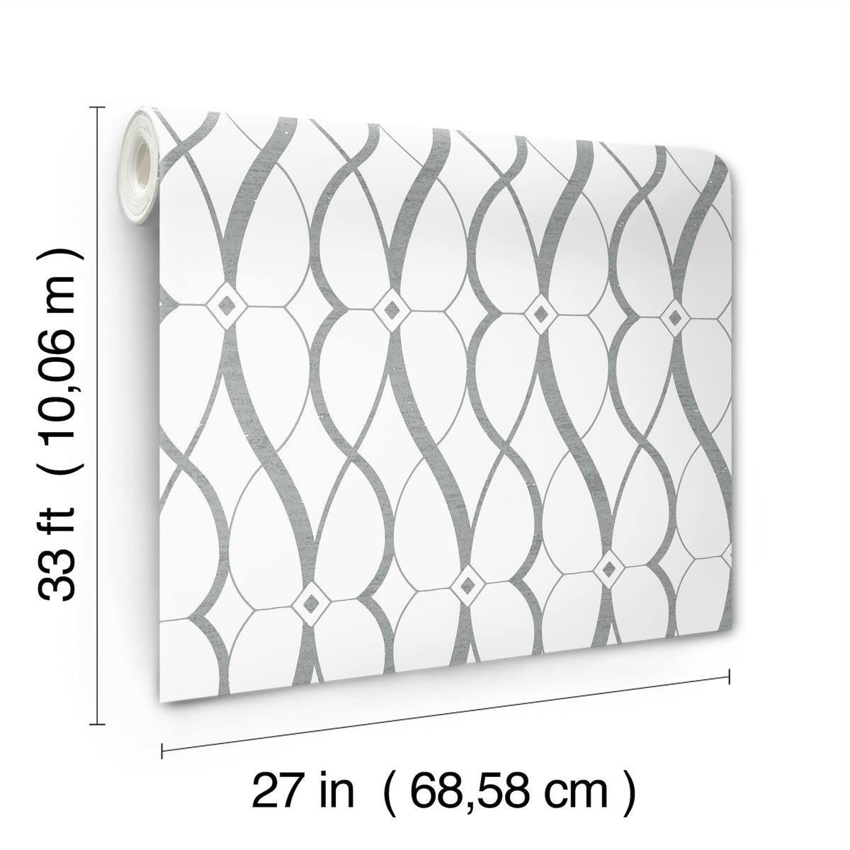 The Graceful Geo Wallpaper by York Wallcoverings features curved gray lines and diamond shapes on a white background. Each roll measures 33 ft (10.06 m) in length and 27 in (68.58 cm) in width.