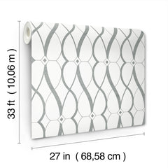 A roll of Graceful Geo Wallpaper by York Wallcoverings features a gray geometric pattern on a white background, measuring 33 ft (10.06 m) in length and 27 in (68.58 cm) in width, with measurement labels displayed on the sides.