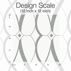 The Graceful Geo Wallpaper by York Wallcoverings showcases a 12x12 inch design with gray curved lines forming diamond shapes, accompanied by a measurement scale along the left and bottom edges and “Design Scale (12 inch x 12 inch)” noted at the top.