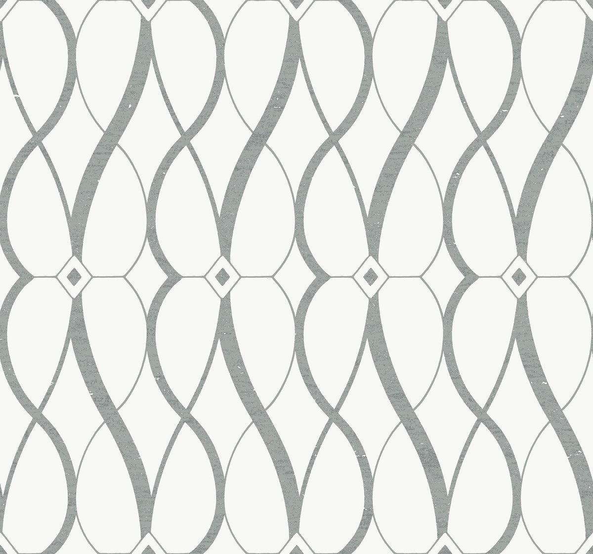 The Graceful Geo Wallpaper by York Wallcoverings features a repeating, symmetrical design of intersecting gray curved lines and diamond shapes on a white background.