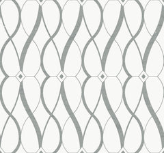 The Graceful Geo Wallpaper by York Wallcoverings features a repeating, symmetrical design of intersecting gray curved lines and diamond shapes on a white background.
