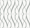 Graceful Geo Wallpaper by York Wallcoverings features a geometric pattern of gray wavy lines forming interlocking diamond and teardrop shapes on a white background, with the design repeating both vertically and horizontally.