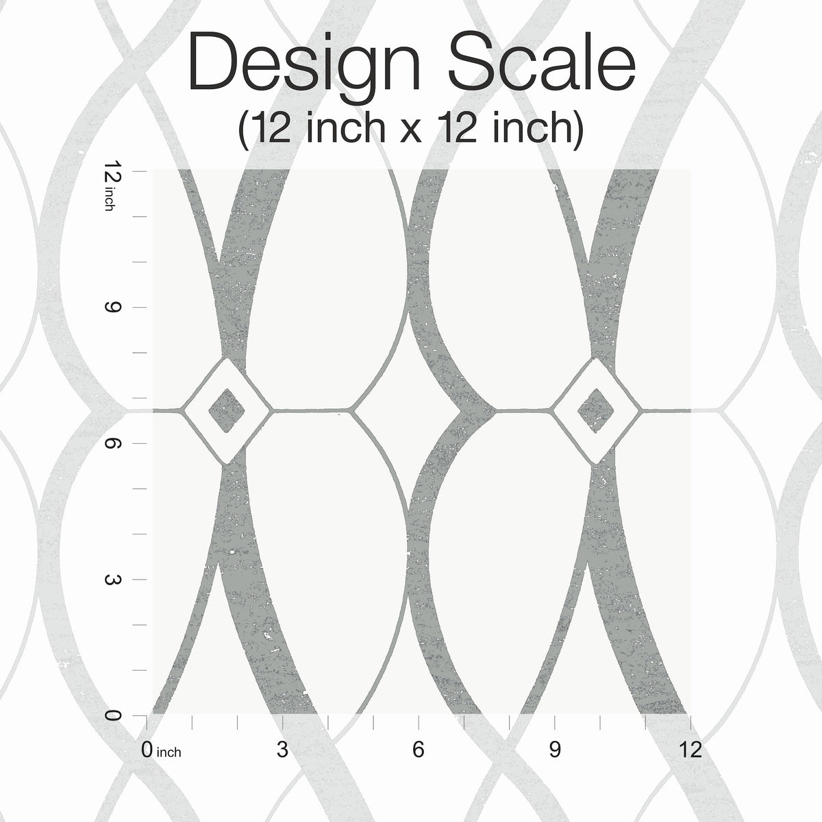 The Graceful Geo Wallpaper by York Wallcoverings showcases a 12x12 inch pattern of gray and white interlocking curved lines with diamond shapes at the center, displayed with inch rulers along the left and bottom edges for scale.