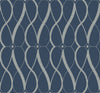 The Graceful Geo Wallpaper by York Wallcoverings features an abstract, symmetrical design of interlocking, curving light blue lines and diamond shapes set against a dark blue background.