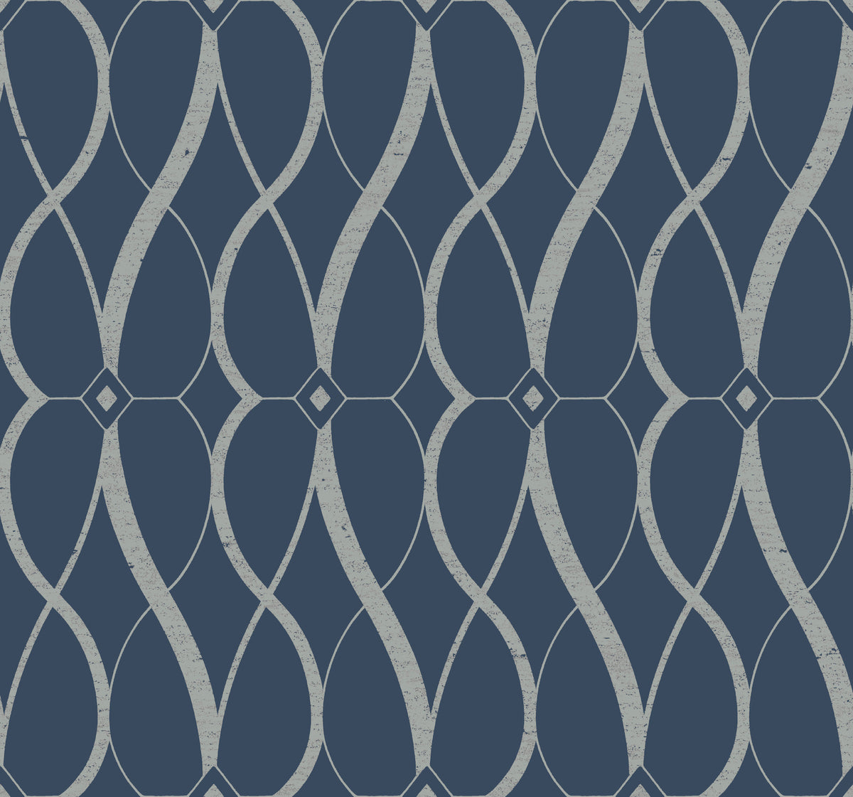 The Graceful Geo Wallpaper by York Wallcoverings features an abstract, symmetrical design of interlocking, curving light blue lines and diamond shapes set against a dark blue background.