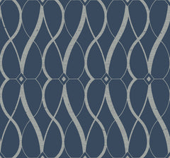 Graceful Geo Wallpaper by York Wallcoverings features a navy blue backdrop adorned with a repeating geometric pattern of curved, intersecting light blue lines that create diamond and oval shapes. The lines have a textured, slightly distressed look.
