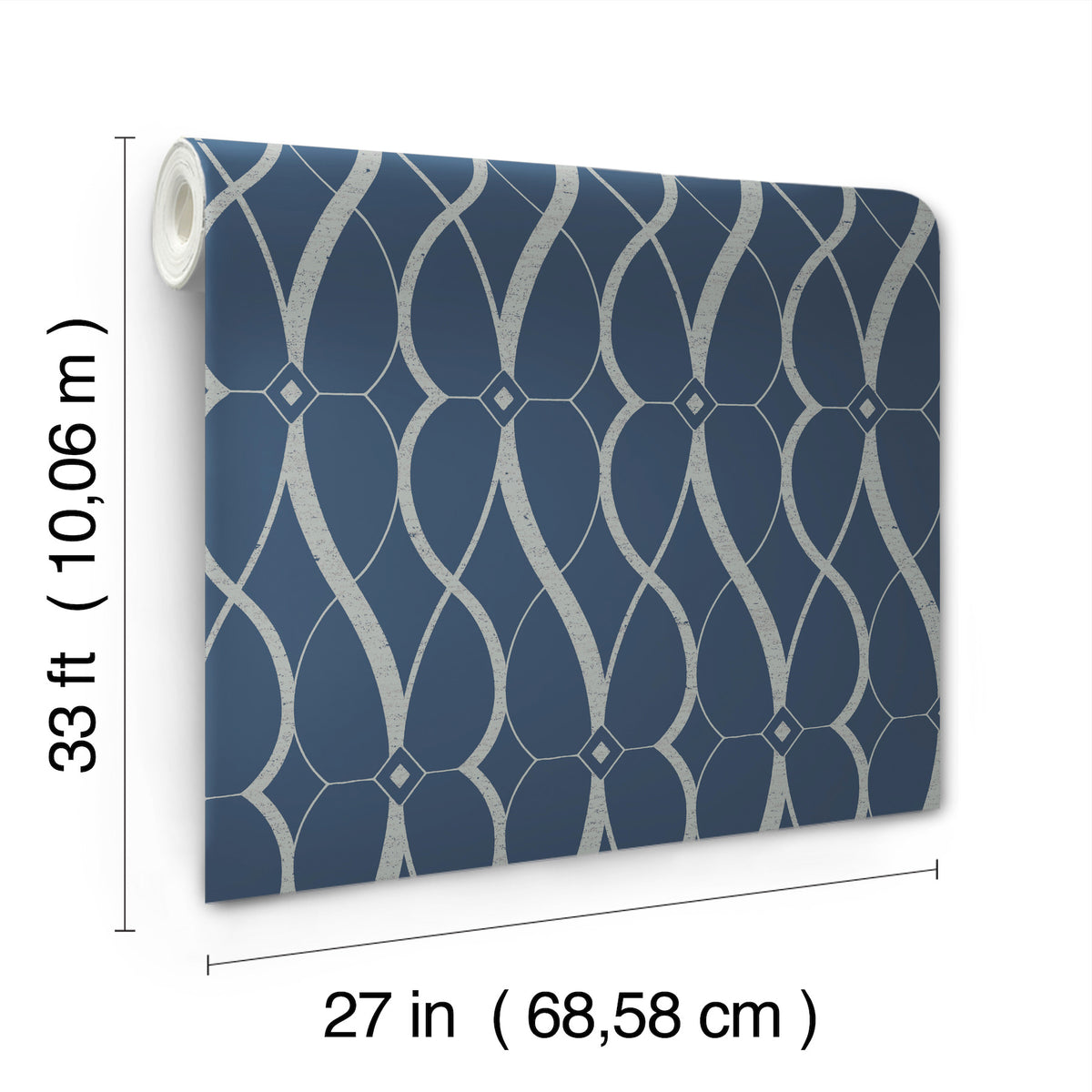 Graceful Geo Wallpaper by York Wallcoverings features a blue design with a silver geometric pattern. Each roll measures 33 ft (10.06 m) in length and 27 in (68.58 cm) in width, as indicated by the labeled dimensions on the image.
