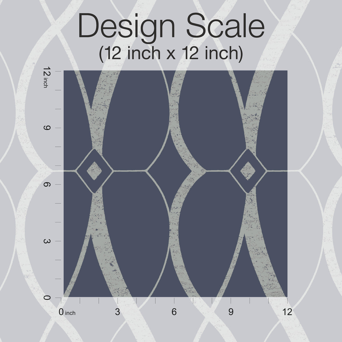 Here’s a rewritten version using the provided product data: The Graceful Geo Wallpaper by York Wallcoverings features a 12-inch by 12-inch square sample with curving lines and diamond shapes set against a dark blue background. Inch markers run along the left and bottom edges as a scale, with “Design Scale” labeled above.