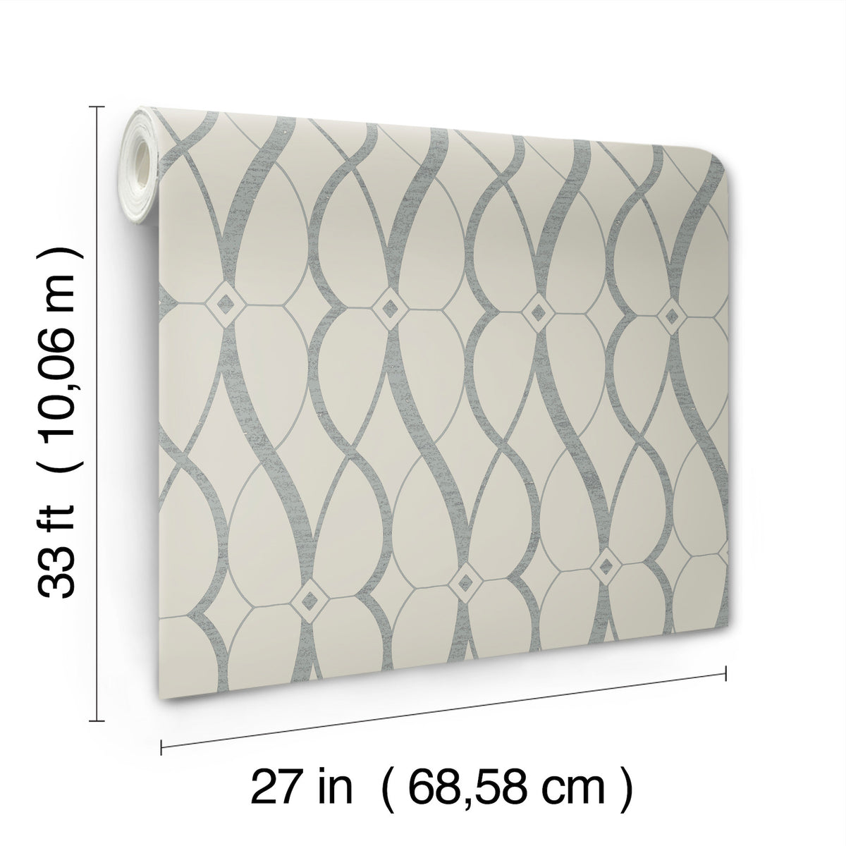 Graceful Geo Wallpaper by York Wallcoverings features a gray geometric pattern and comes in a roll measuring 33 ft (10.06 m) long and 27 in (68.58 cm) wide.