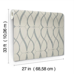 Graceful Geo Wallpaper by York Wallcoverings features a gray geometric pattern and comes in a roll measuring 33 ft (10.06 m) long and 27 in (68.58 cm) wide.