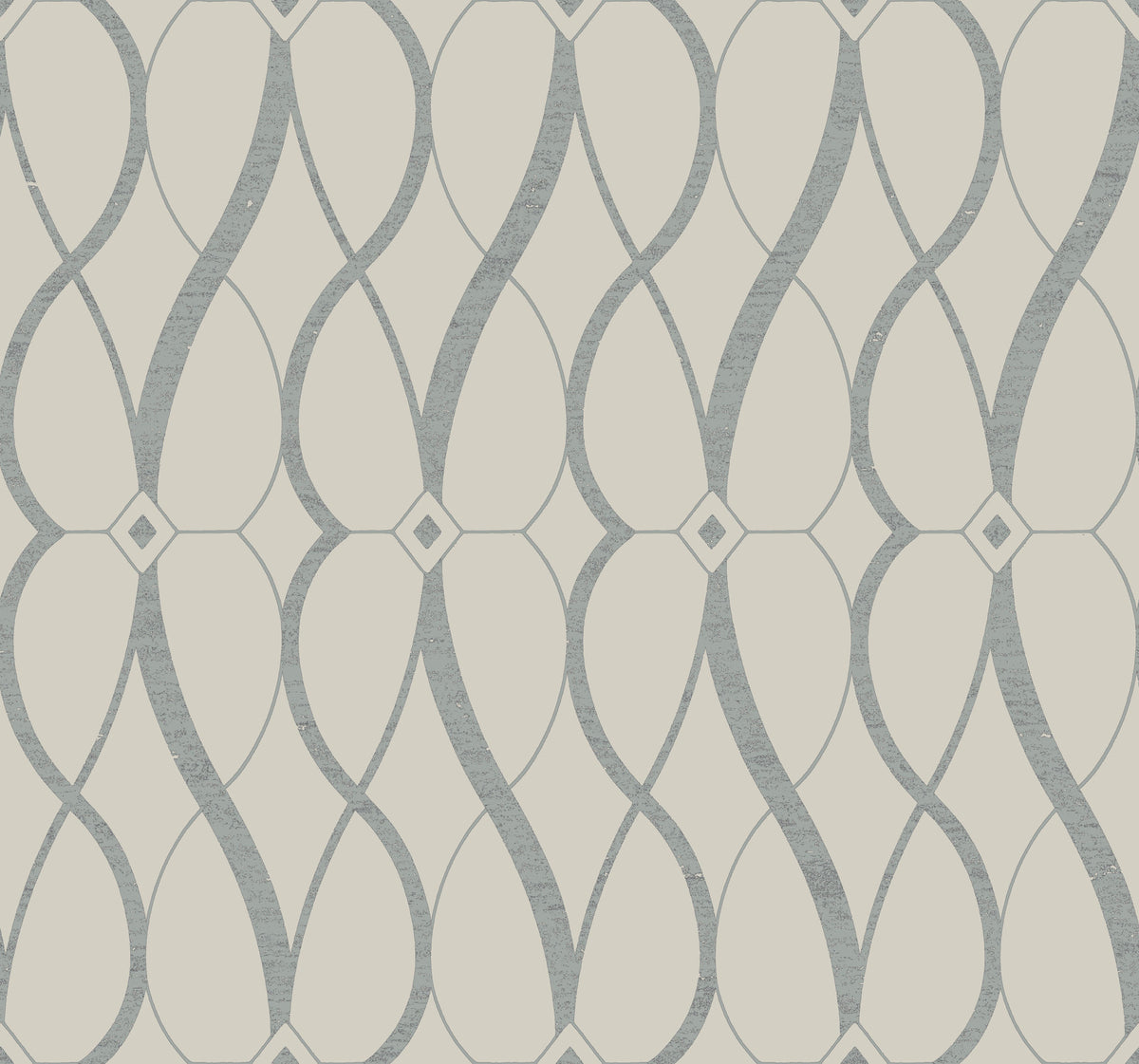 Graceful Geo Wallpaper by York Wallcoverings features a repeating, symmetrical geometric design of light gray curved lines forming interconnected vertical wave patterns over a cream background, with small diamond shapes accenting the intersections.