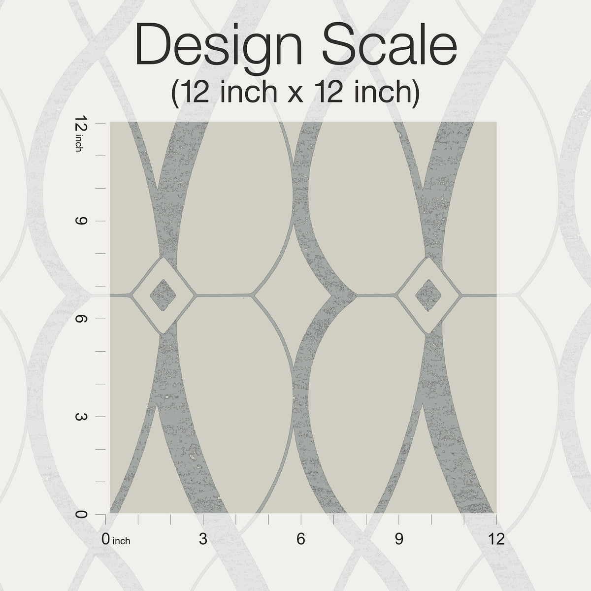 A 12x12 inch square sample of Graceful Geo Wallpaper by York Wallcoverings, showcasing a geometric pattern with curved gray lines and diamond shapes, overlaid with inch rulers along the top and left edges. Text reads “Design Scale (12 inch x 12 inch).”.