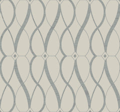 The Graceful Geo Wallpaper by York Wallcoverings features a repeating geometric pattern of gray wavy lines and diamond shapes set against a light cream background, creating a modern and symmetrical design.
