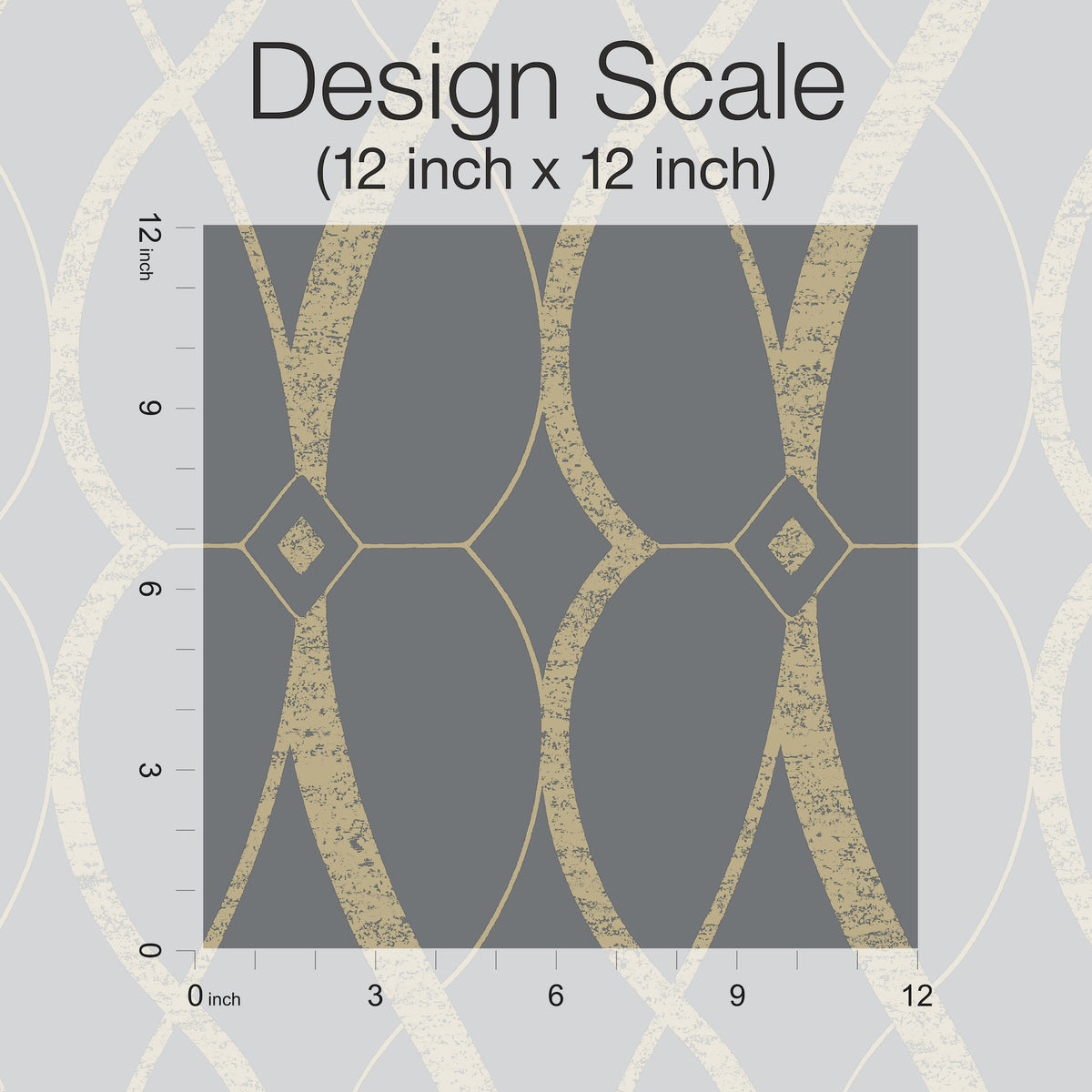 The “Graceful Geo Wallpaper” by York Wallcoverings is displayed in a gray and gold geometric pattern, with a 12 inch by 12 inch square marked to show the design scale and a ruler positioned along the left and bottom edges for reference.