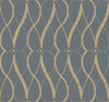 Introducing the Graceful Geo Wallpaper by York Wallcoverings, featuring a mesmerizing geometric pattern of gold wavy lines and diamond shapes set against a blue-gray backdrop. The symmetrically curving lines form an elegant, abstract design with a textured metallic finish.