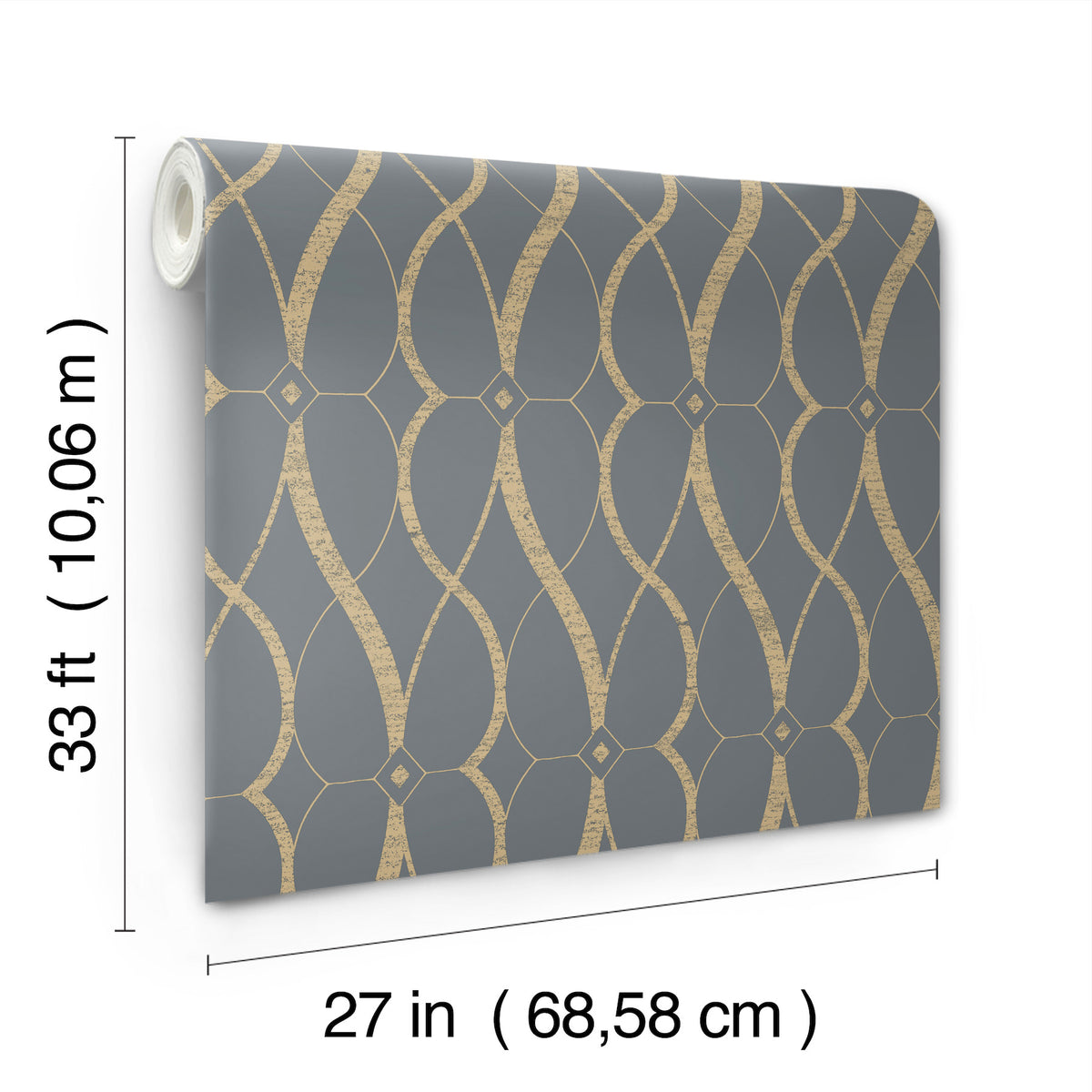 The Graceful Geo Wallpaper by York Wallcoverings features a gold geometric pattern on a gray background and comes in a roll measuring 33 feet (10.06 m) long and 27 inches (68.58 cm) wide.