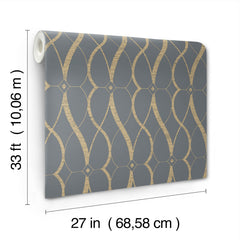 The Graceful Geo Wallpaper by York Wallcoverings features a gold geometric pattern on a gray background and comes in a roll measuring 33 feet (10.06 m) long and 27 inches (68.58 cm) wide.