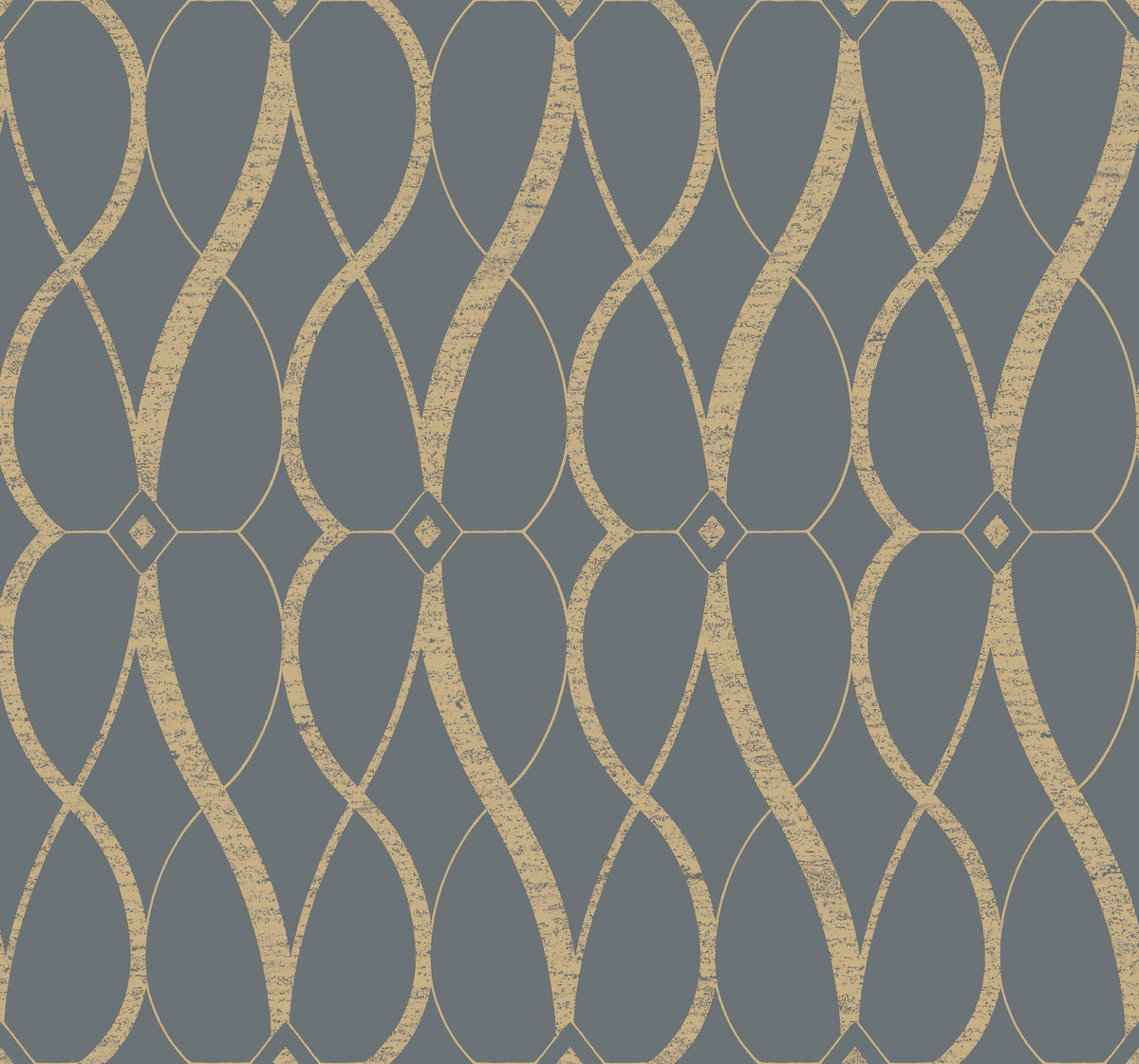 Introducing York Wallcoverings’ Graceful Geo Wallpaper, featuring a sophisticated geometric pattern of gold wavy lines intersecting blue ovals for an elegant, repeating design.