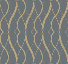 Introducing York Wallcoverings’ Graceful Geo Wallpaper, featuring a sophisticated geometric pattern of gold wavy lines intersecting blue ovals for an elegant, repeating design.