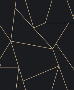 Introducing the Nazca Wallpaper by York Wallcoverings: This design features an abstract geometric pattern of irregular polygons outlined in thin beige lines against a black background, creating a modern and fragmented visual effect.