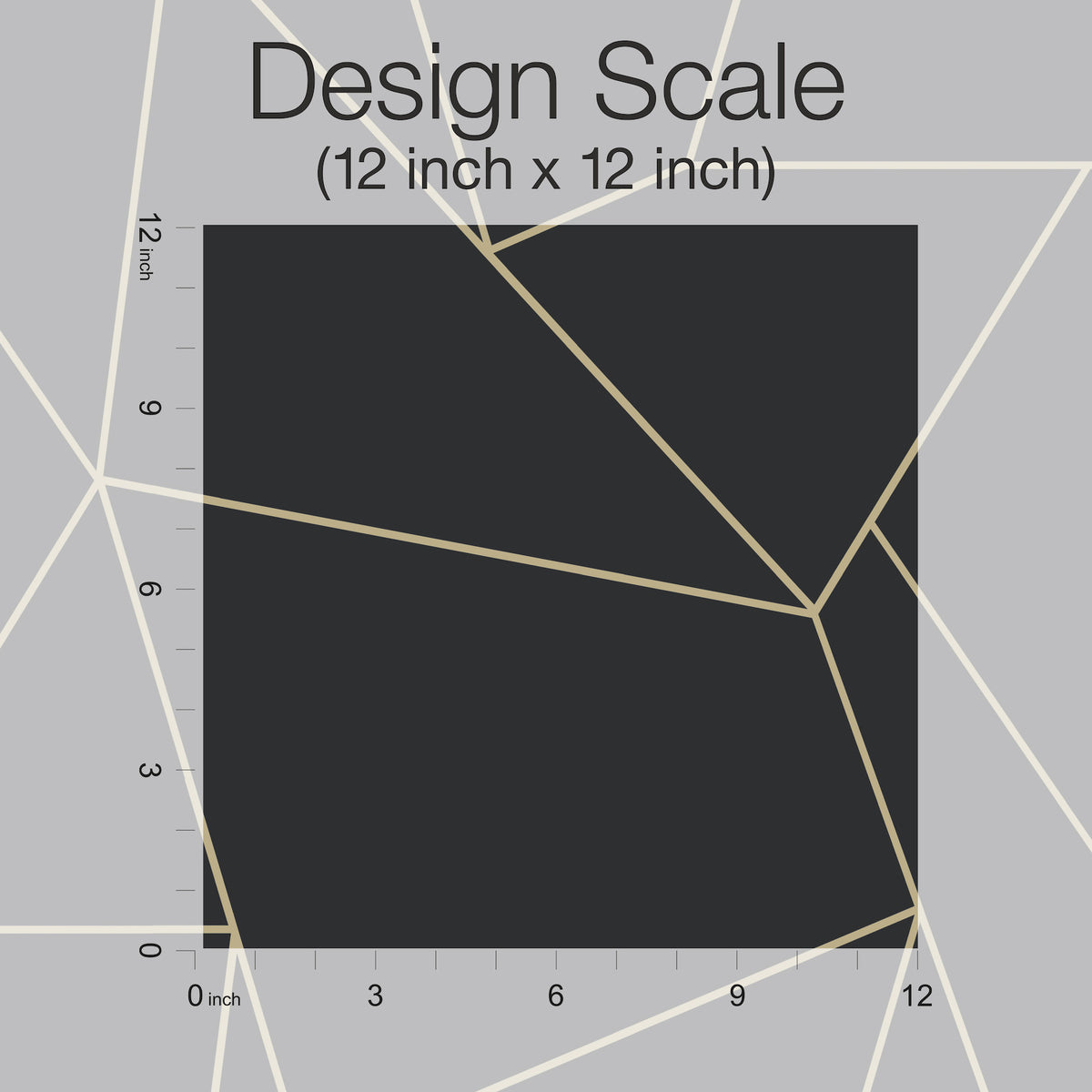 A black 12x12 inch square with subtle line patterns, labeled “Nazca Wallpaper by York Wallcoverings (12 inch x 12 inch)” on a gray background. Rulers with inch markings are displayed along the left and bottom edges.
