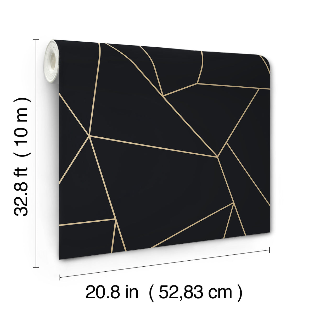 Transforming your sentence using the provided product data: The Nazca Wallpaper by York Wallcoverings is a roll of black wallpaper featuring thin gold geometric lines. Each roll measures 32.8 ft (10 m) in height and 20.8 in (52.83 cm) in width.