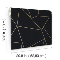 The Nazca Wallpaper by York Wallcoverings is a black wallpaper roll featuring thin gold geometric lines, measuring 32.8 ft (10 m) in length and 20.8 in (52.83 cm) in width.