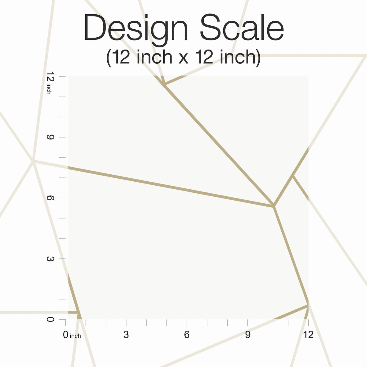 A white, square design scale labeled Nazca Wallpaper by York Wallcoverings (12 inch x 12 inch), featuring inch markings along the left and bottom edges and beige geometric lines crossing the background.
