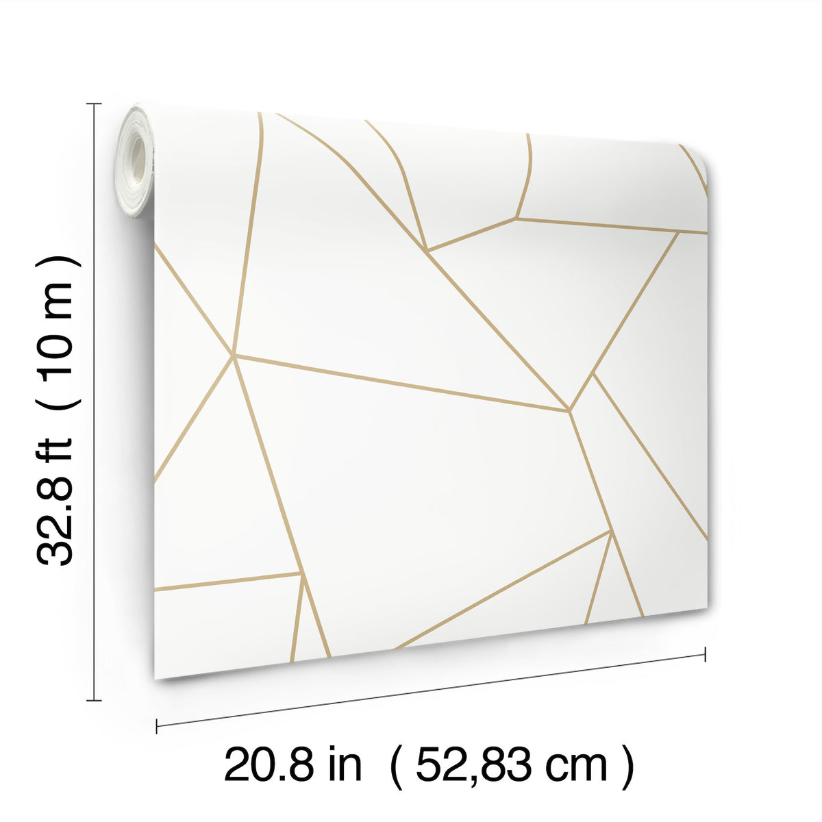 Nazca Wallpaper by York Wallcoverings is a roll of white wallpaper featuring thin gold geometric lines, measuring 32.8 feet (10 meters) in length and 20.8 inches (52.83 cm) in width.