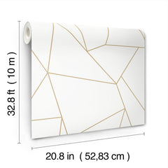 Nazca Wallpaper by York Wallcoverings is a roll of white wallpaper featuring thin gold geometric lines, measuring 32.8 feet (10 meters) in length and 20.8 inches (52.83 cm) in width.