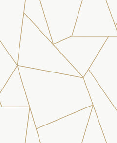 Nazca Wallpaper by York Wallcoverings features an abstract geometric pattern of irregular, interconnected polygons outlined in light brown against a white background, evoking the look of a mosaic or stained glass window with varying shapes and angles.