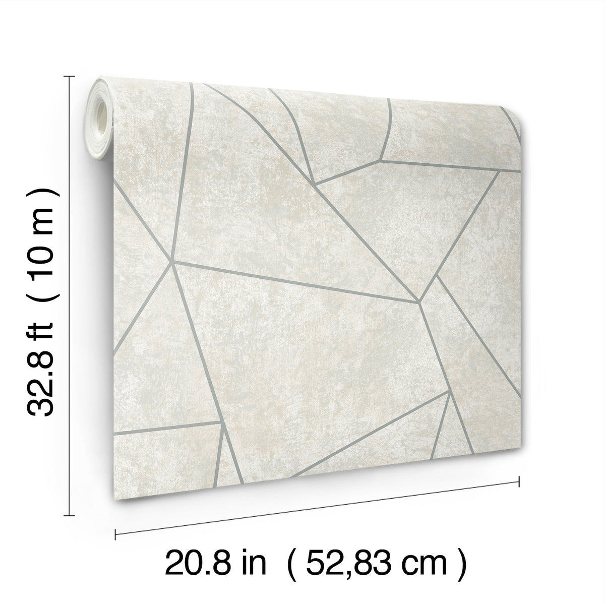 The Nazca Wallpaper by York Wallcoverings is a roll of beige wallpaper featuring a geometric pattern with intersecting thin gray lines. Each roll measures 32.8 ft (10 m) in length and 20.8 in (52.83 cm) in width.