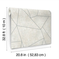 The Nazca Wallpaper by York Wallcoverings is a roll of beige wallpaper featuring a geometric pattern with intersecting thin gray lines. Each roll measures 32.8 ft (10 m) in length and 20.8 in (52.83 cm) in width.