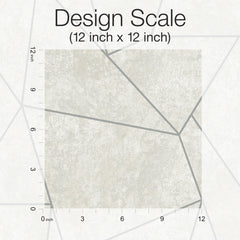 A square sample of Nazca Wallpaper by York Wallcoverings features a light textured background intersected by thin, irregular gray lines. A ruler along the left and bottom edges indicates the design scale is 12 inches by 12 inches, with accompanying text reading “Design Scale (12 inch x 12 inch).”.