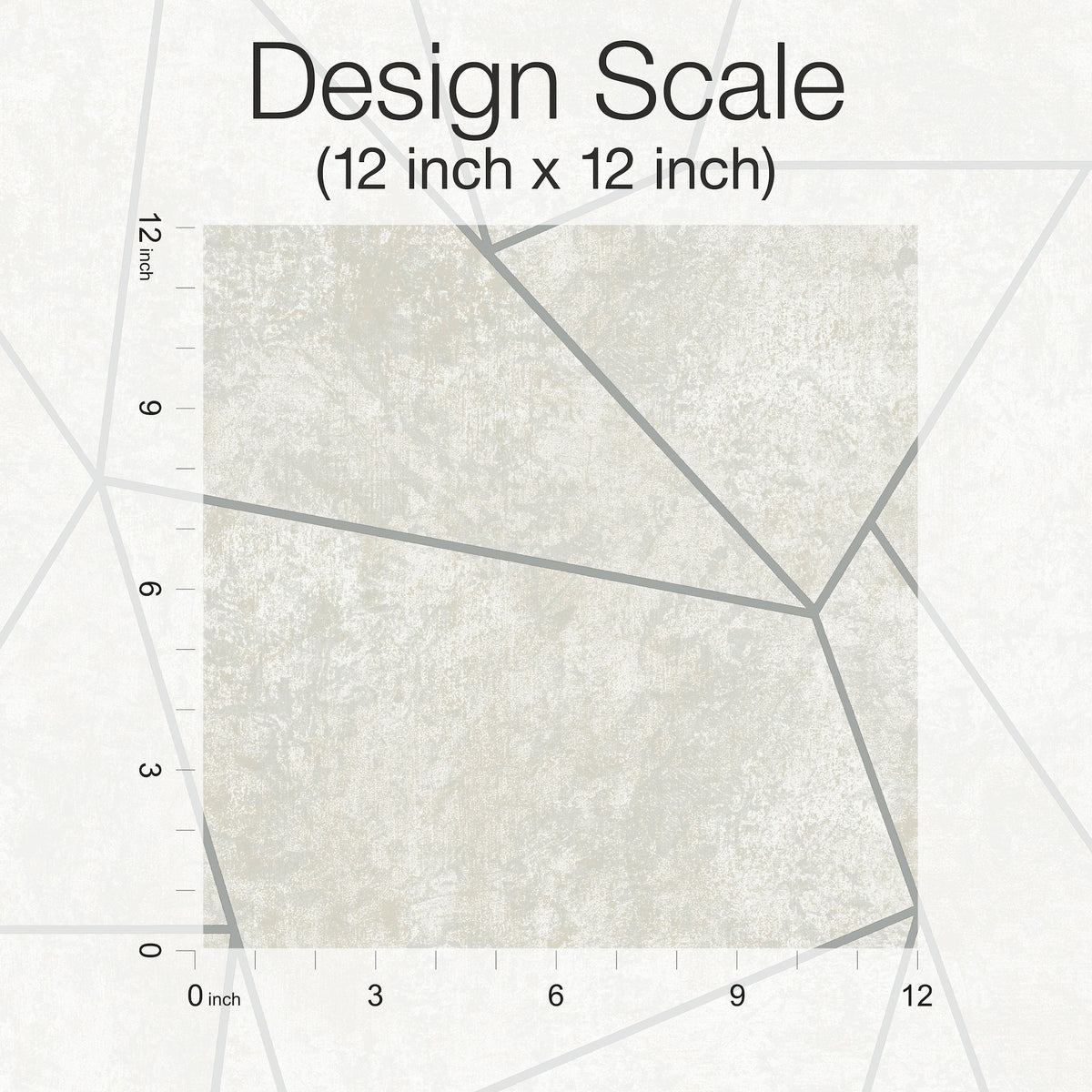 The Nazca Wallpaper by York Wallcoverings is displayed in a 12 inch by 12 inch square sample, featuring intersecting gray lines on a light textured background. A ruler along the left and bottom edges in inches provides scale.